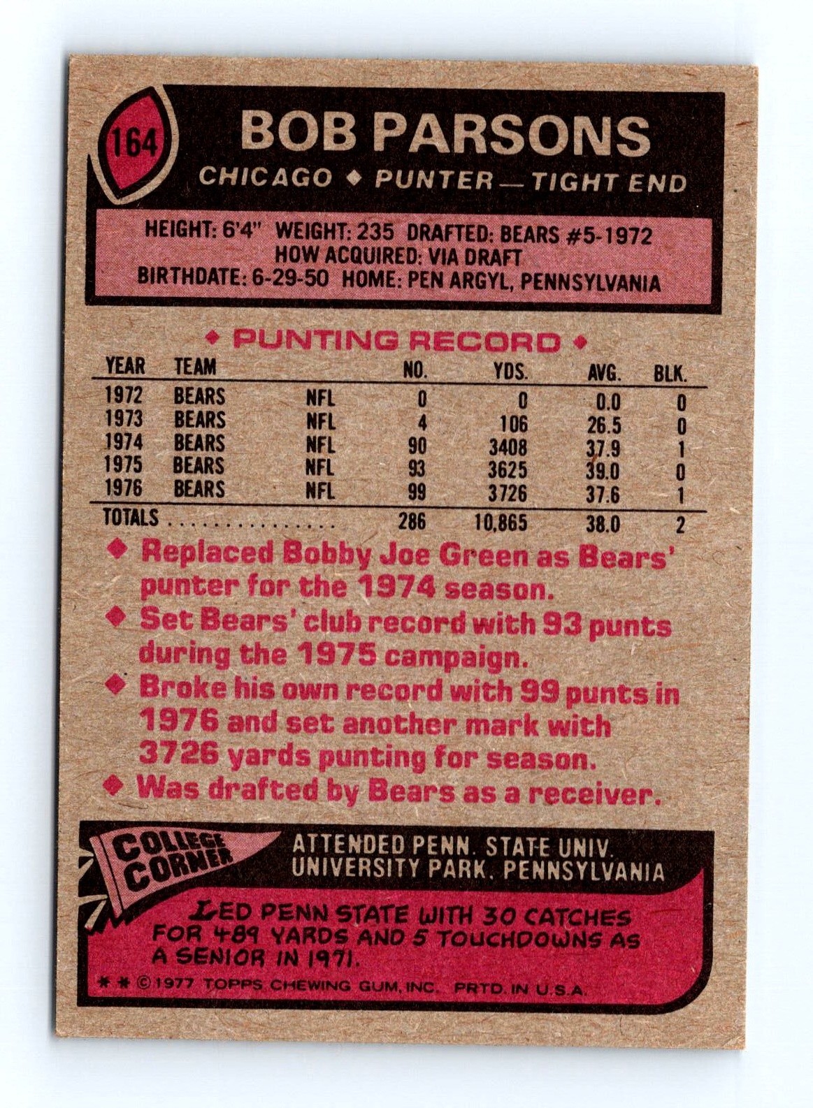 1977 Topps #164 Bob Parsons Chicago Bears Football Card - Image 2