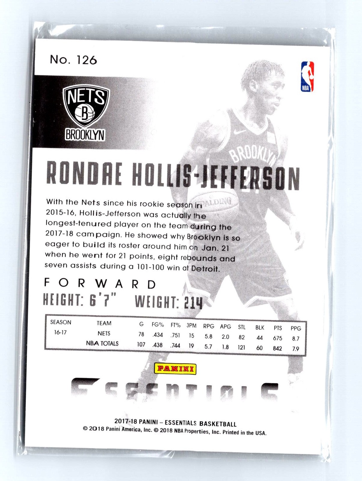 2017-18 Panini Essentials #126 Rondae Hollis-Jefferson Brooklyn Nets Basketball Card - Image 2