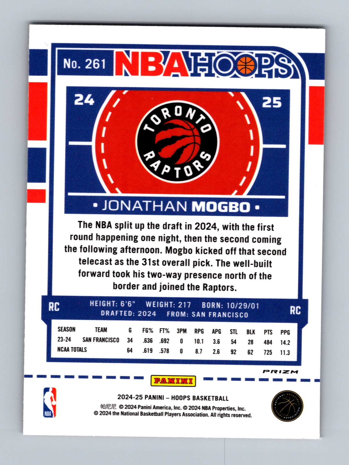 2024-25 NBA Hoops Jonathan Mogbo #261 Premium RC Toronto Raptors - Image 2