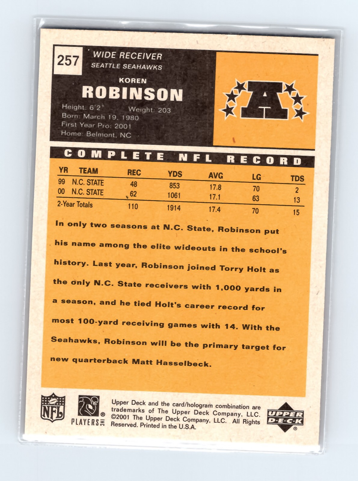 2001 Upper Deck Vintage #257 Koren Robinson Seahawks Rookie Card EXCELLENT - Image 2