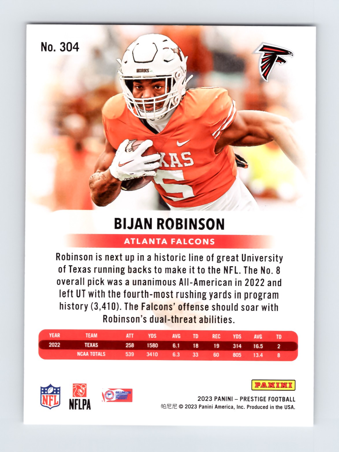 Bijan Robinson 2023 Panini Prestige #304 Rookie RC Card Atlanta Falcons - Image 2