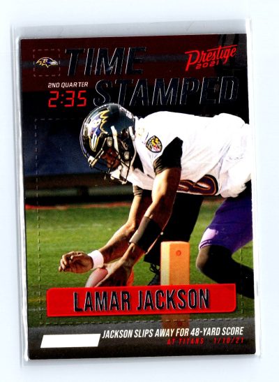 2021 Panini Prestige #TS-LJ Lamar Jackson Time Stamped Xtra Points Purple #/149