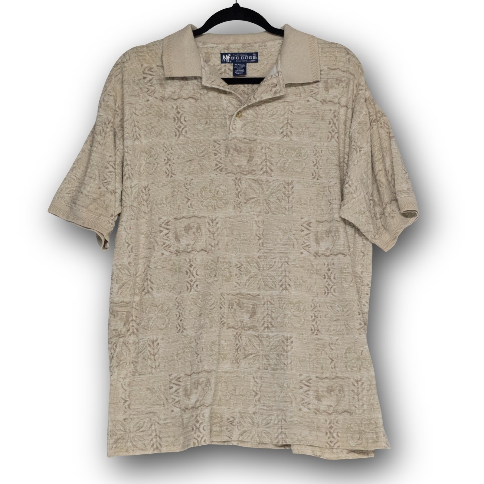 Vintage Big Dogs Polo Shirt Men's Medium Beige Tropical Floral Excellent