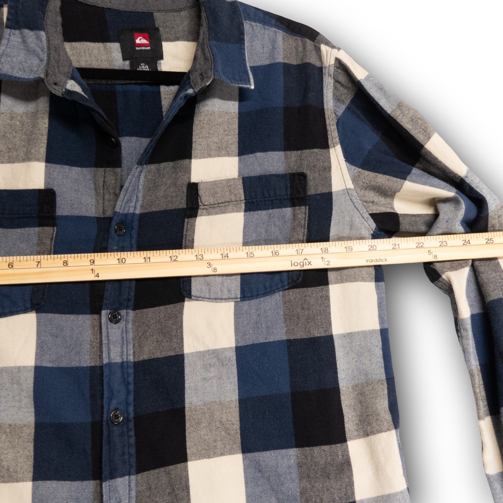 Quiksilver Flannel Button Down Shirt Men's Large Blue Plaid Long Sleeve Excellen - Image 6