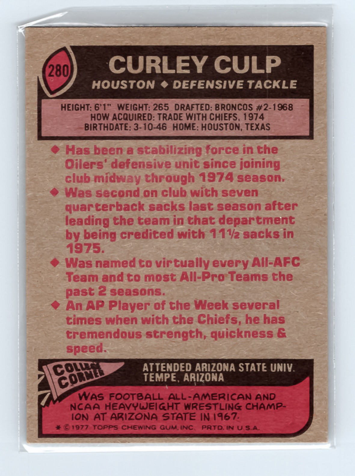 1977 Topps #280 Curley Culp Houston Oilers NFL Football Card EXCELLENT - Image 2