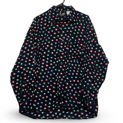 Vintage Fluid Mens Button Down Shirt Medium Black Polka Dot Cotton Excellent