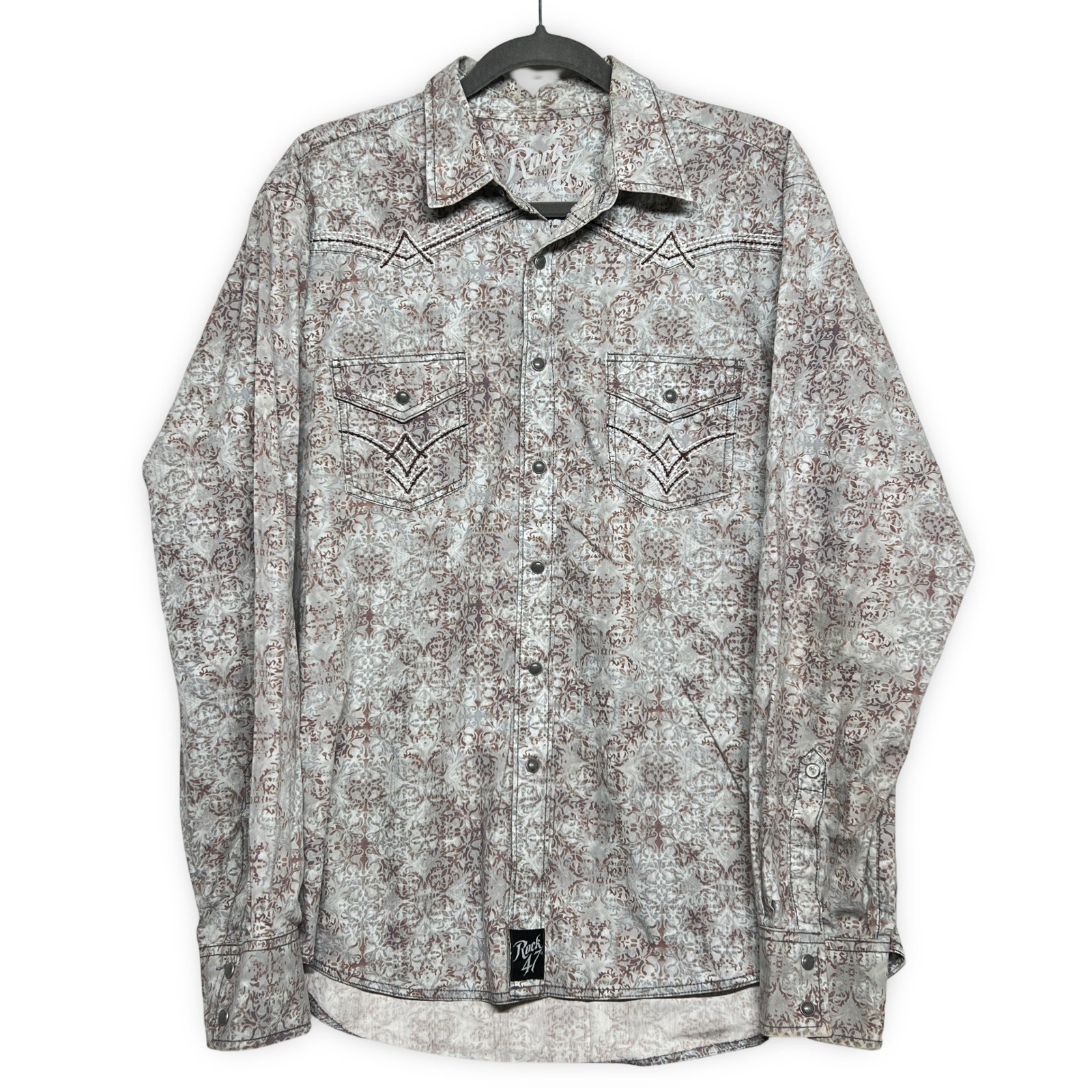 Rock 47 Wrangler Western Snap Shirt Medium Grey Paisley Cowboy Good