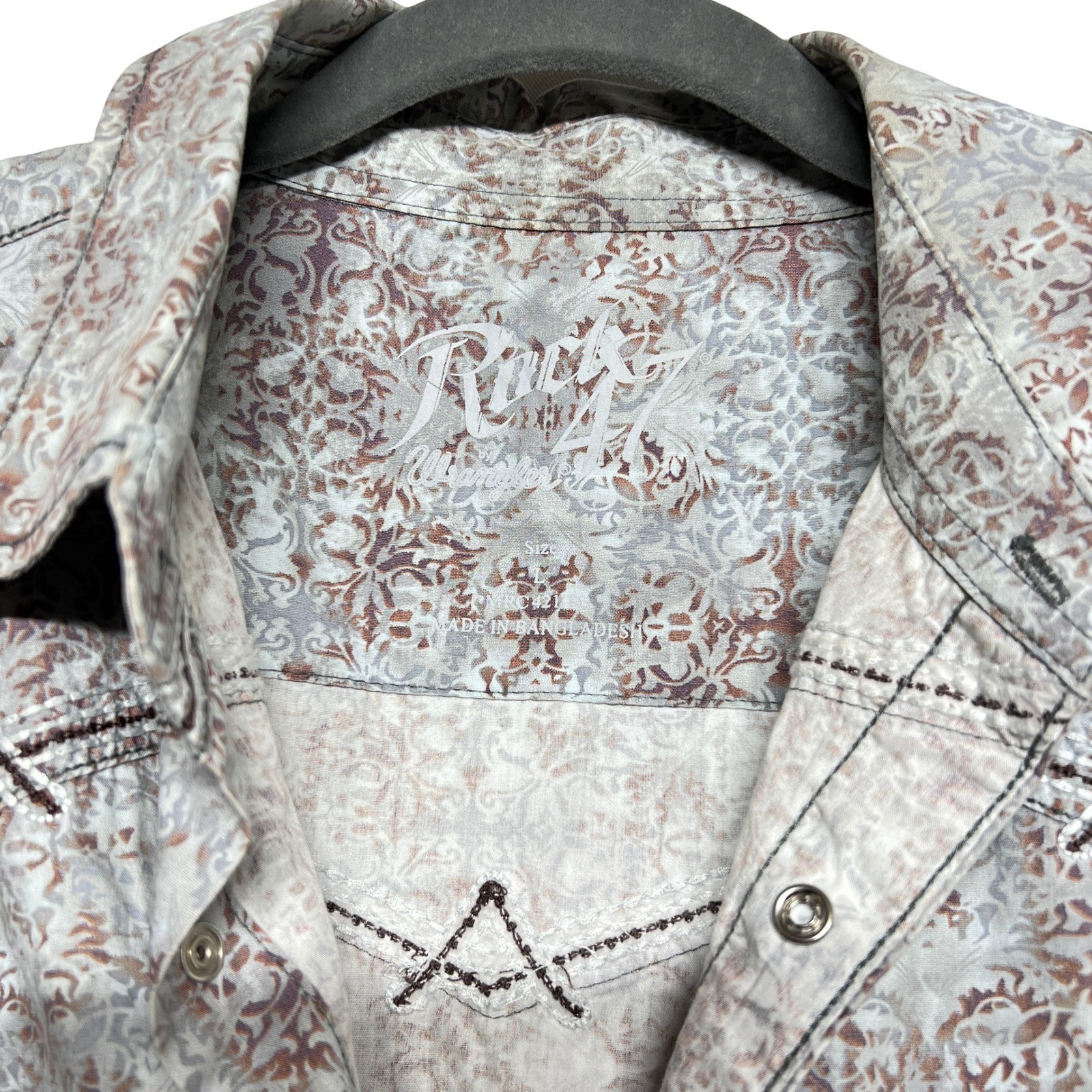 Rock 47 Wrangler Western Snap Shirt Medium Grey Paisley Cowboy Good - Image 5