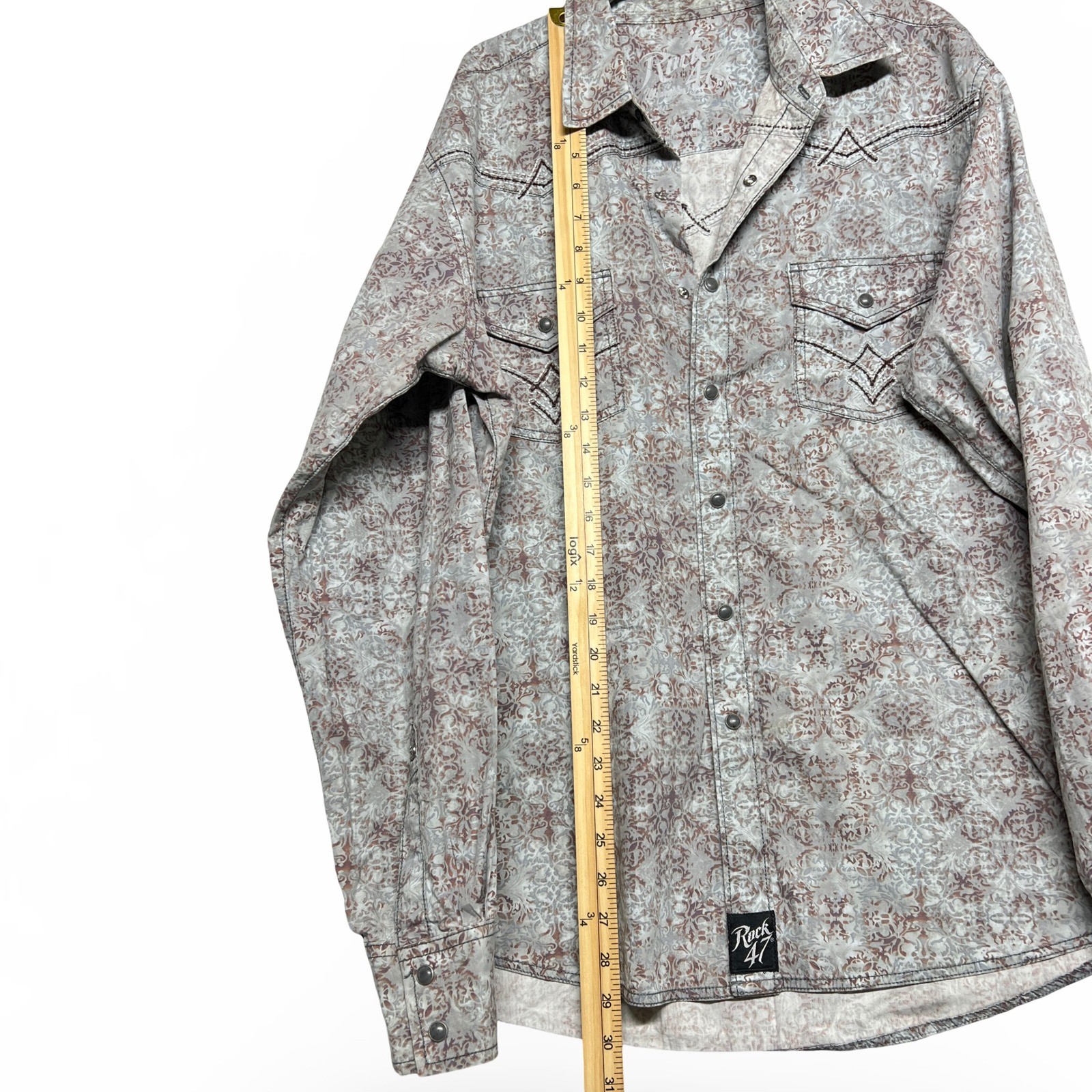 Rock 47 Wrangler Western Snap Shirt Medium Grey Paisley Cowboy Good - Image 6