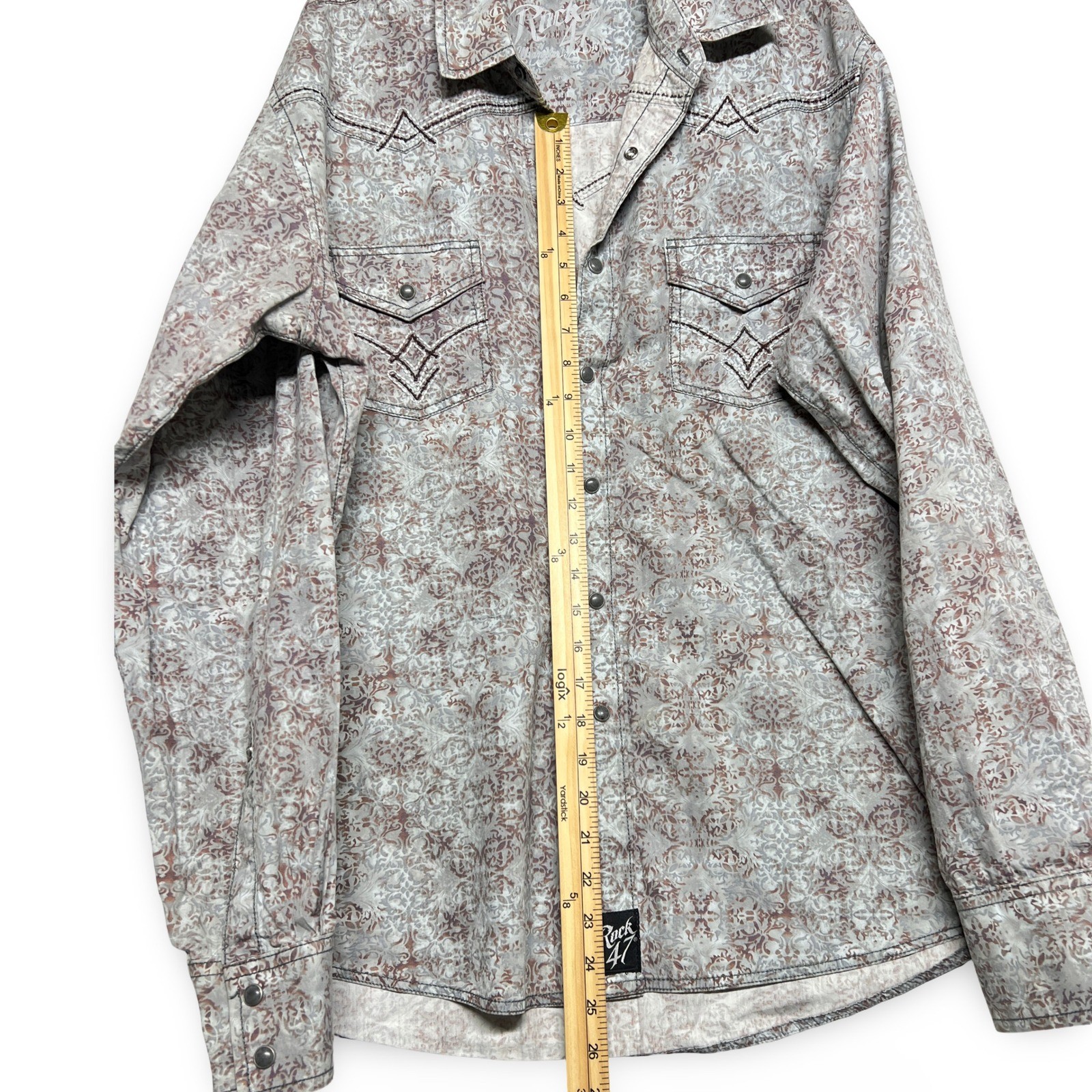 Rock 47 Wrangler Western Snap Shirt Medium Grey Paisley Cowboy Good - Image 7