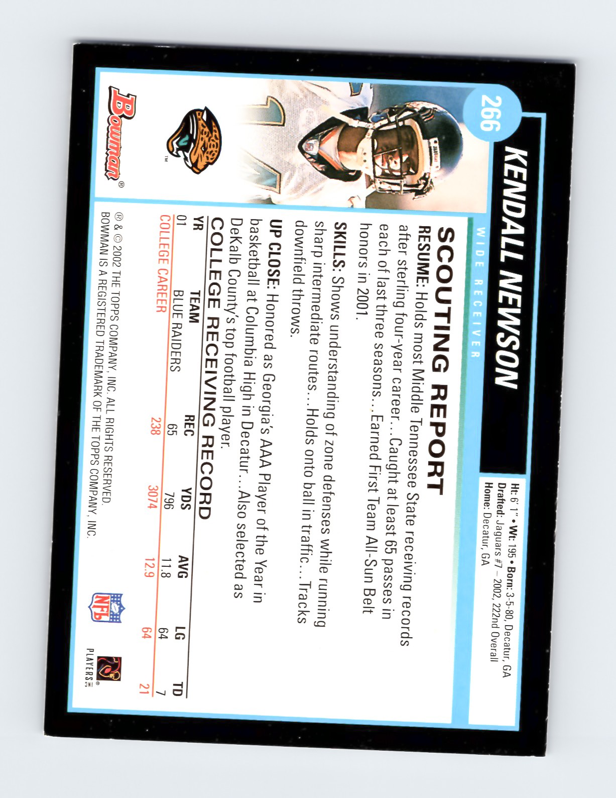 2002 Bowman #266 Kendall Newson Jacksonville Jaguars RC Rookie Card - Image 2