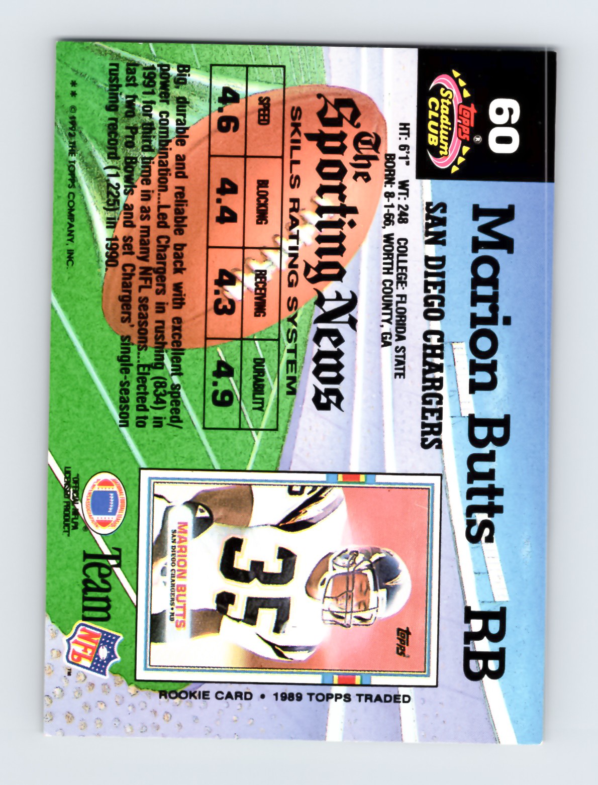 1992 Stadium Club #60 Marion Butts San Diego Chargers NFL Card EXCELLENT - Image 2