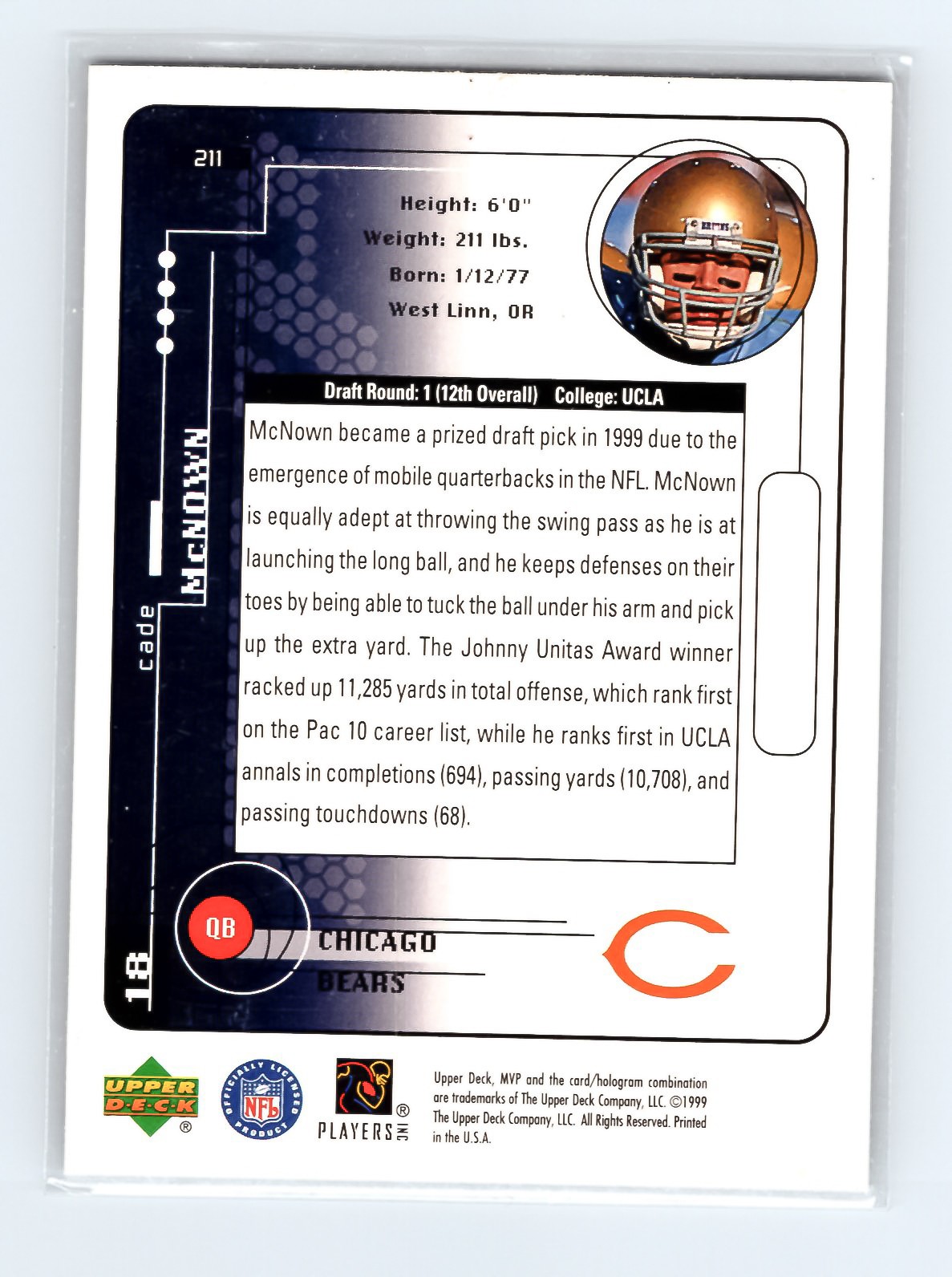 1999 Upper Deck MVP #211 Cade McNown Chicago Bears NFL Trading Card - Image 2