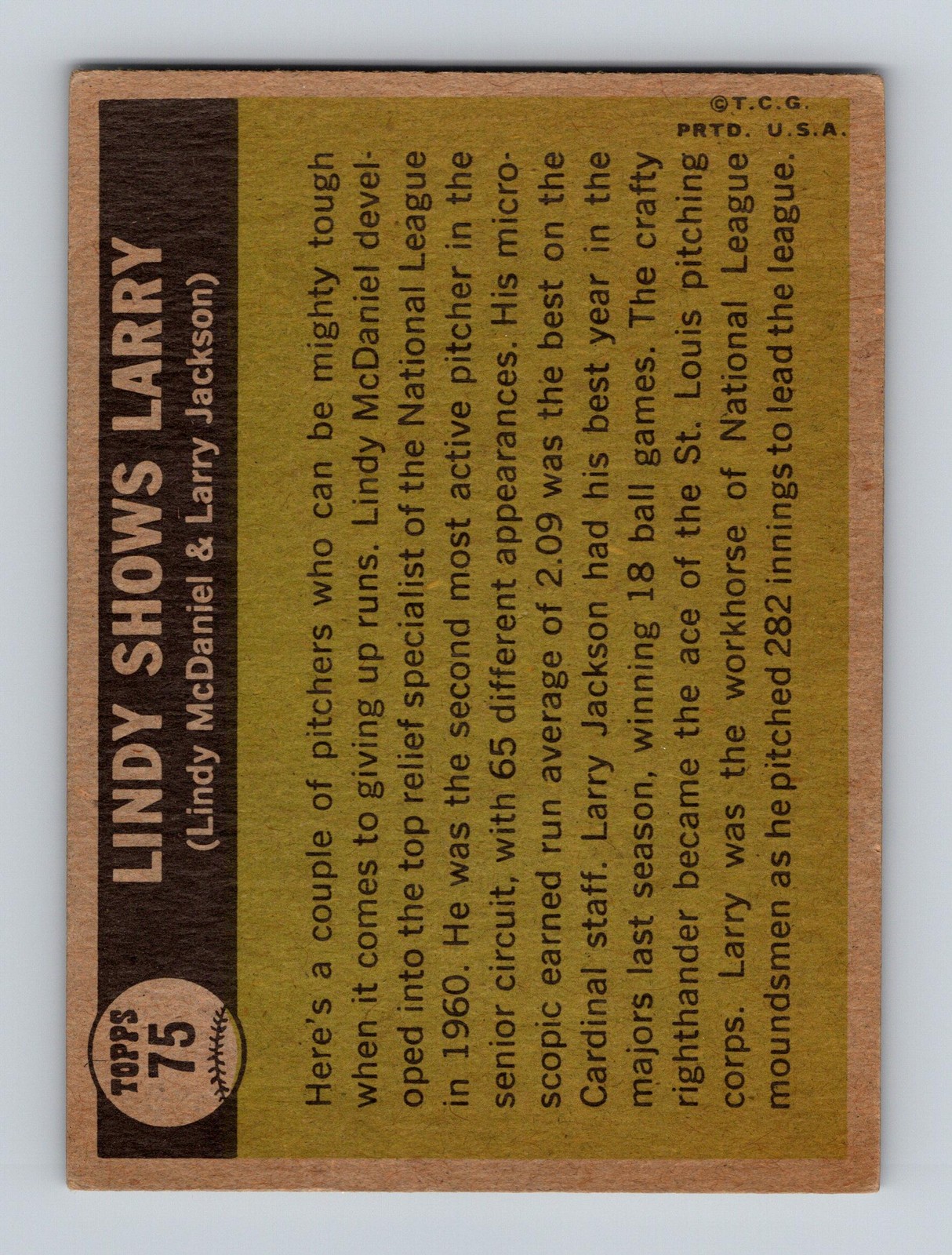 1961 Topps #75 Lindy Shows Larry (Larry Jackson / Lindy McDaniel) - Image 2