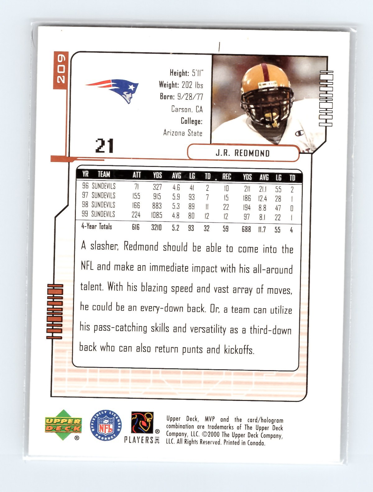 2000 Upper Deck MVP #209 J.R. Redmond Arizona State Patriots EXCELLENT - Image 2