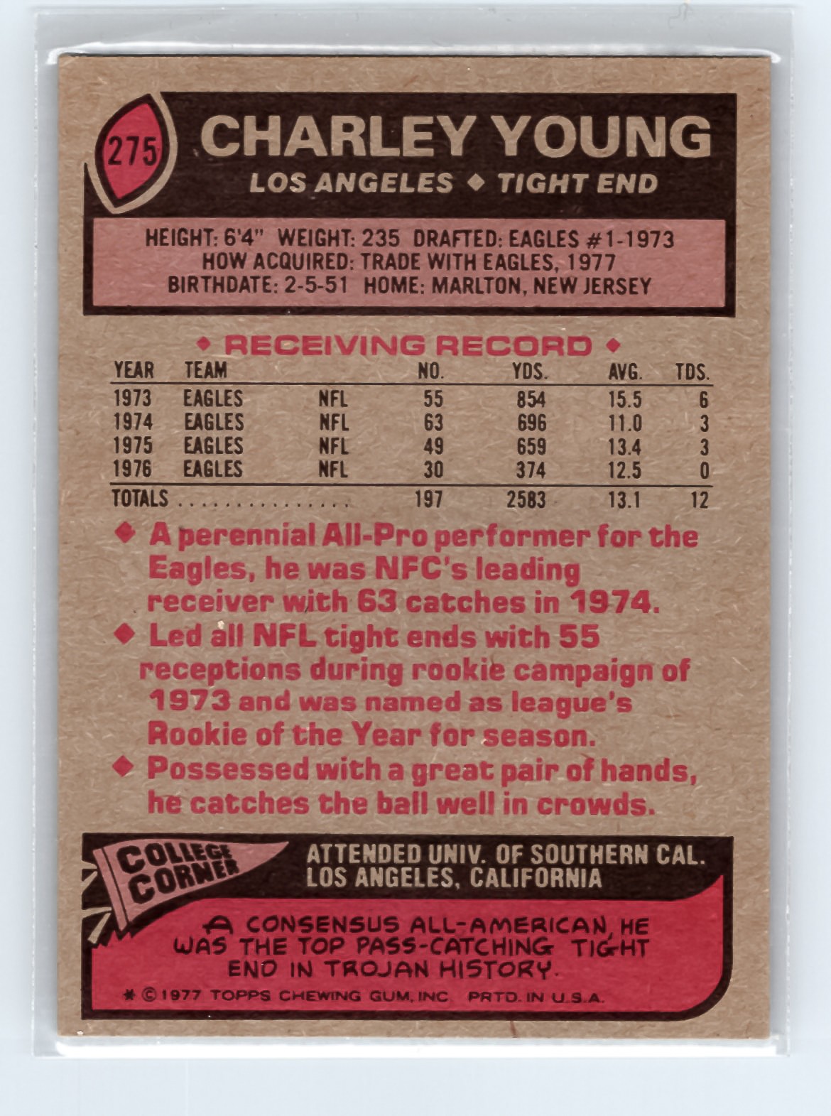 1977 Topps #275 Charley Young Los Angeles Rams NFL Football Card Excellent - Image 2