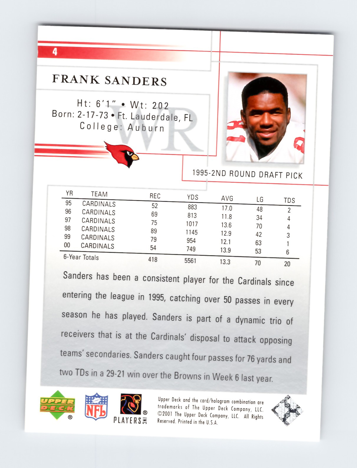 2001 Upper Deck #4 Frank Sanders Arizona Cardinals NFL Football Card EXCELLENT - Image 2