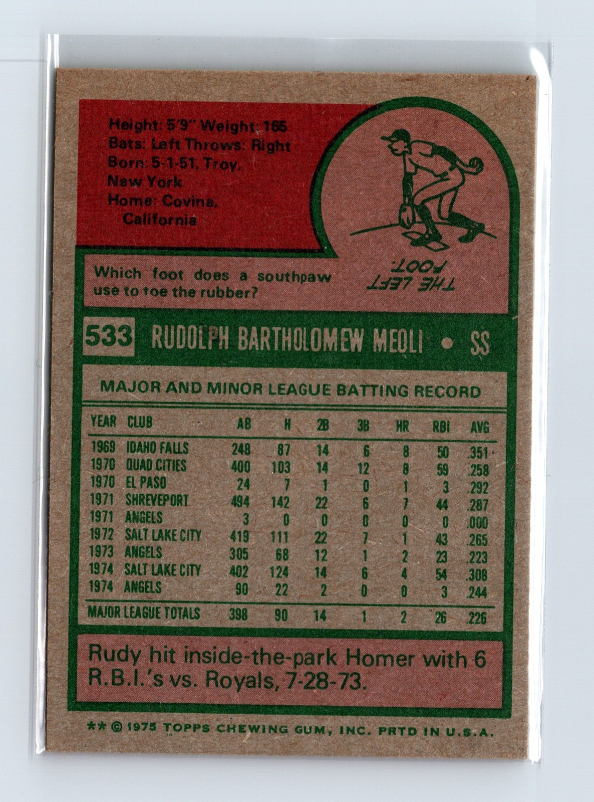 1975 Topps Baseball - SET BREAK - #533 Rudy Meoli - Image 2