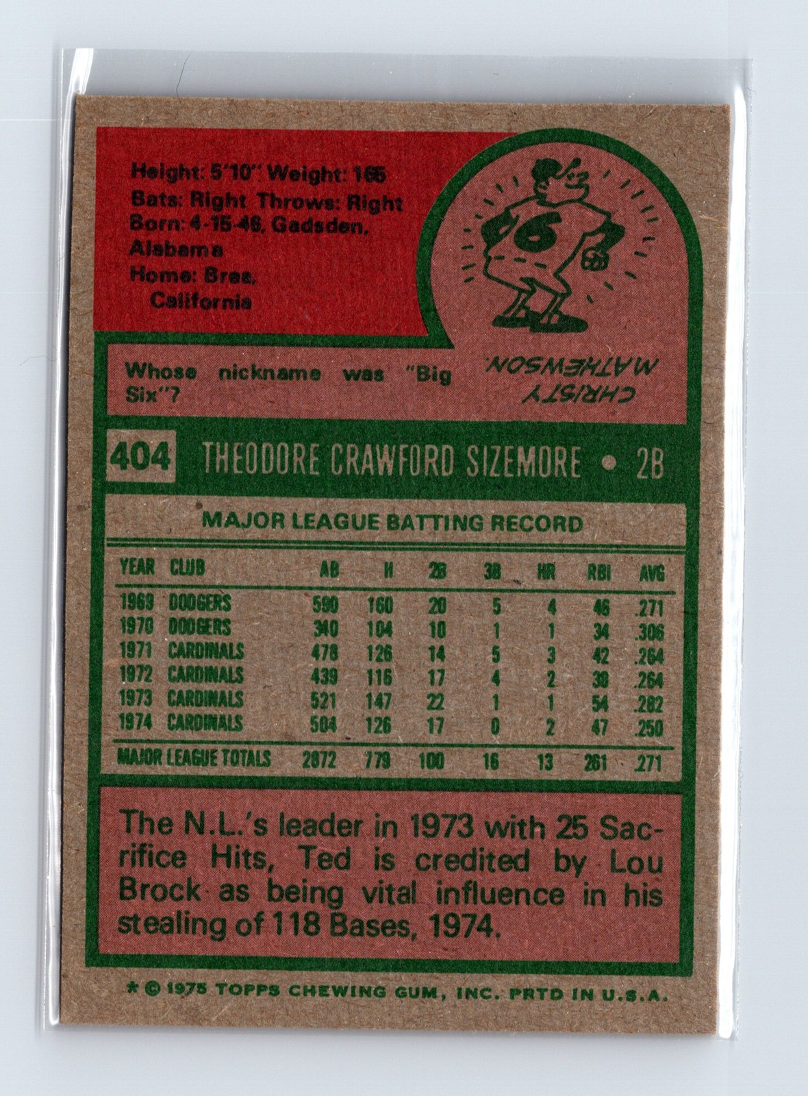 1975 Topps Baseball - SET BREAK - #404 Ted Sizemore - Image 2