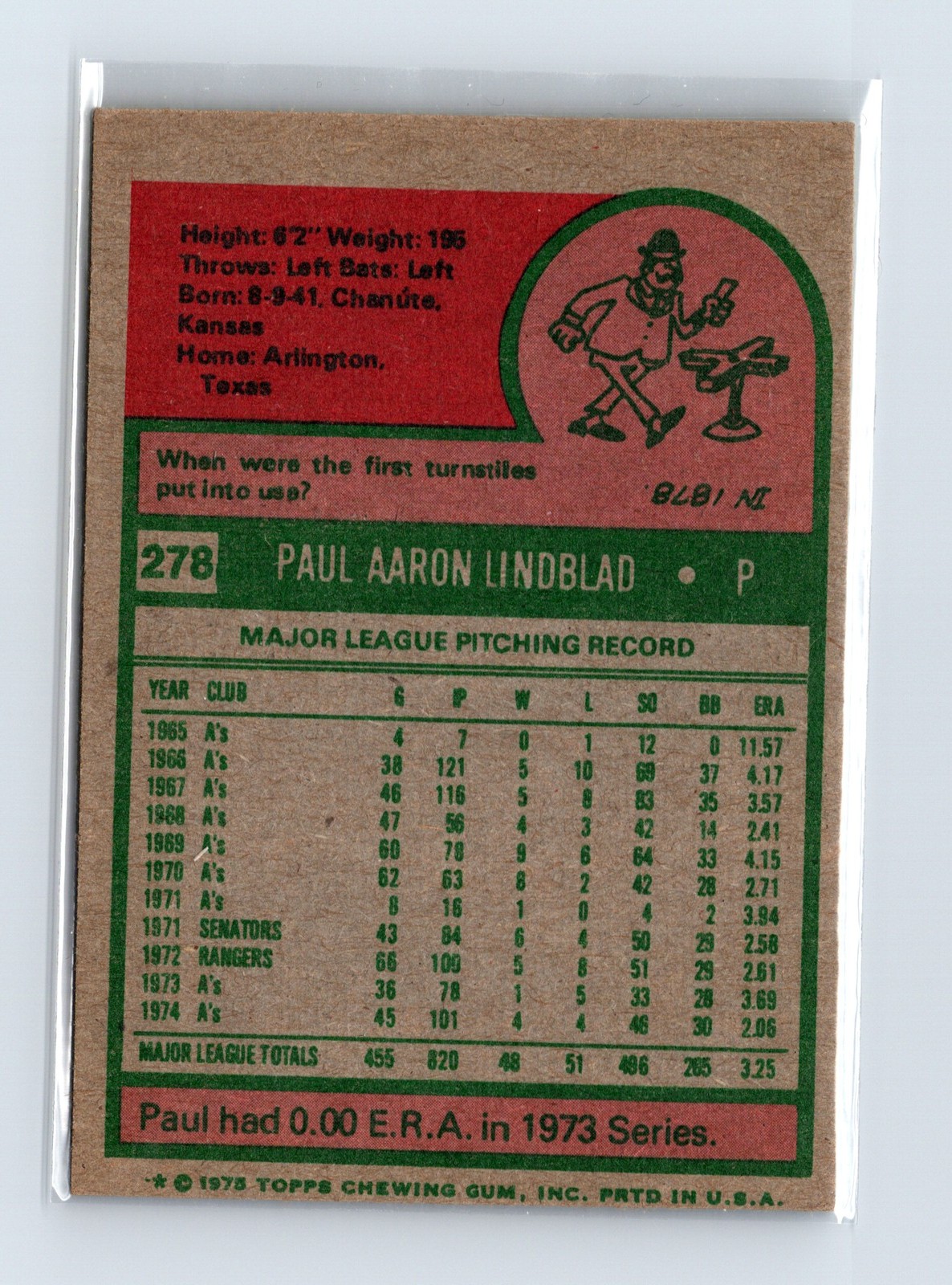1975 Topps Baseball - SET BREAK - #278 Paul Lindblad - Image 2