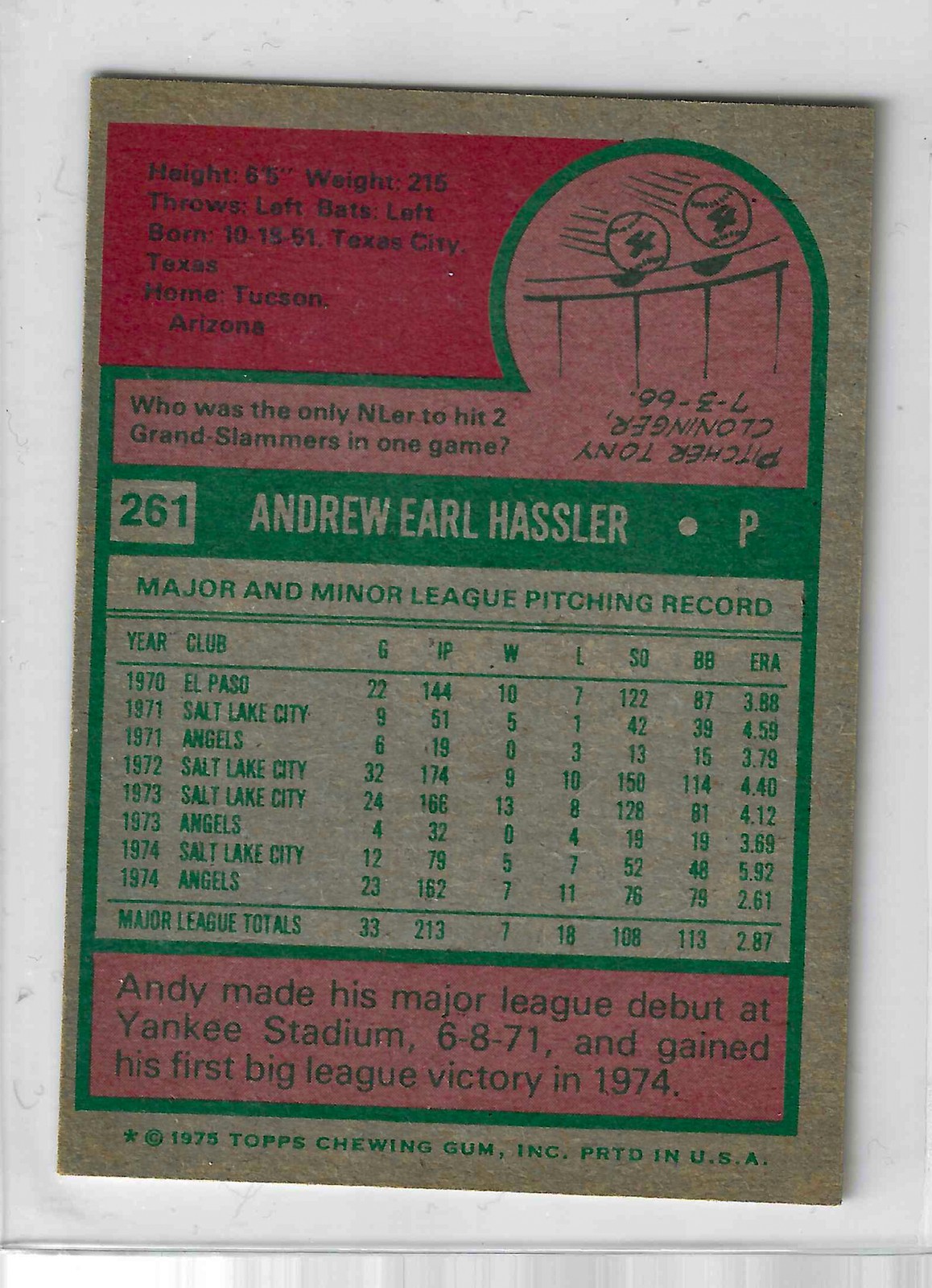 1975 Topps Mini Baseball Andy Hassler #261 - Image 2