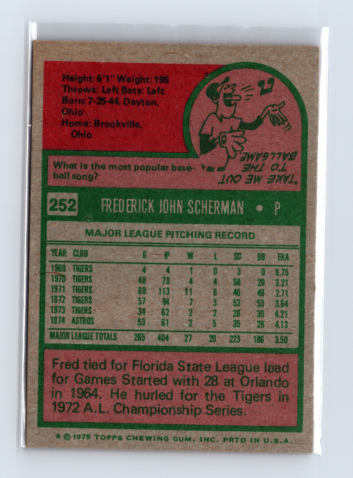 1975 Topps Baseball - SET BREAK - #252 Fred Scherman - Image 2
