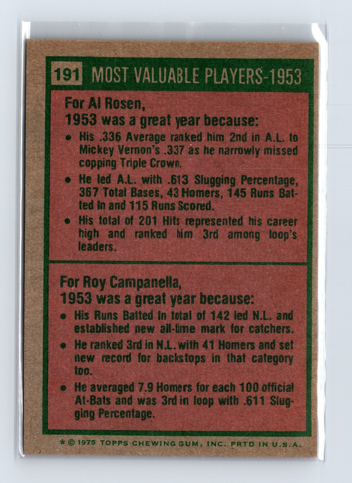 1975 Topps Baseball - SET BREAK - #191 1953 MVPs Rosen Campanella (HOF) - Image 2