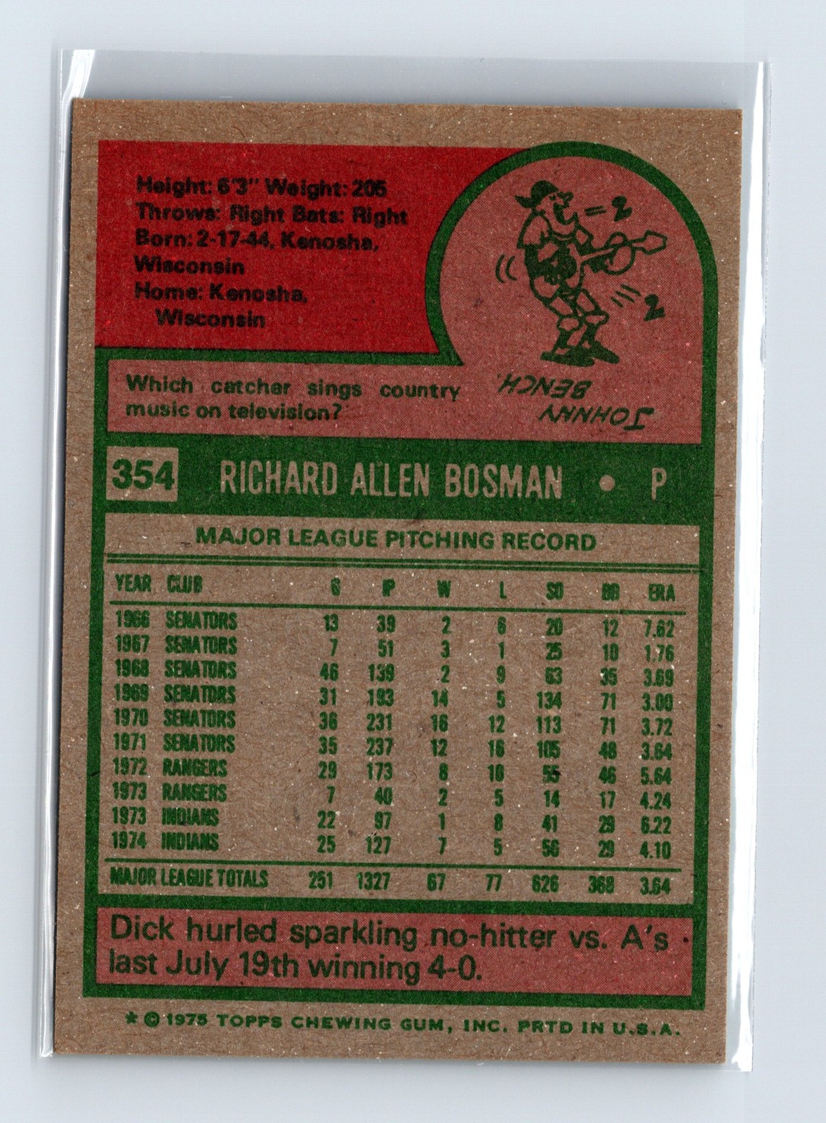 1975 Topps Baseball - SET BREAK - #354 Dick Bosman - Image 2
