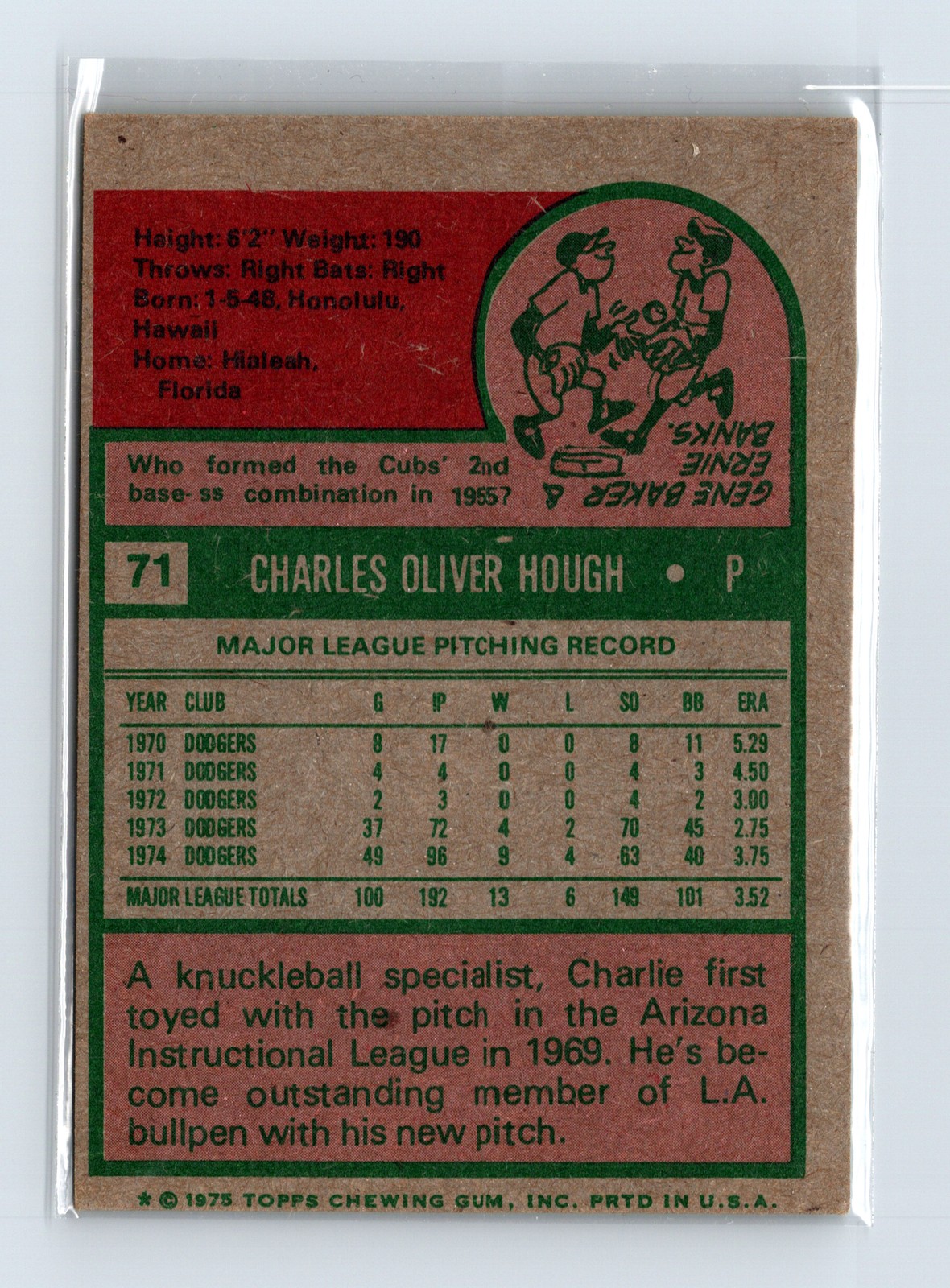 1975 Topps Baseball - SET BREAK - #71 Charlie Hough - Image 2