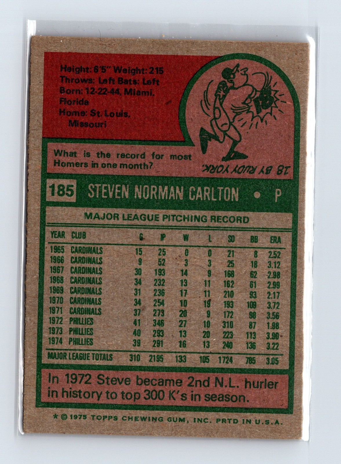 1975 Topps Baseball - SET BREAK - #185 Steve Carlton (HOF) - Image 2