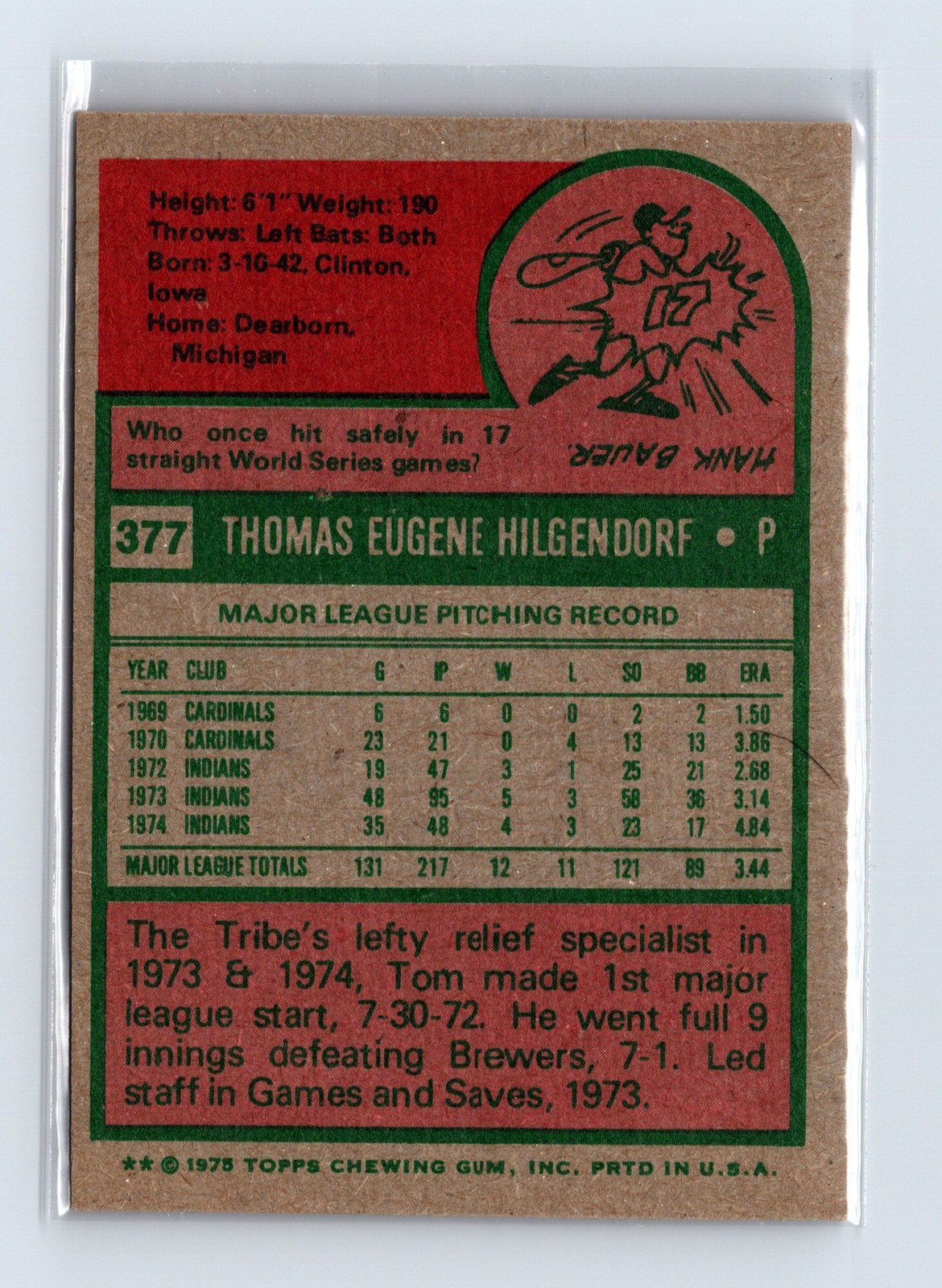 1975 Topps Baseball - SET BREAK - #377 Tom Hilgendorf - Image 2