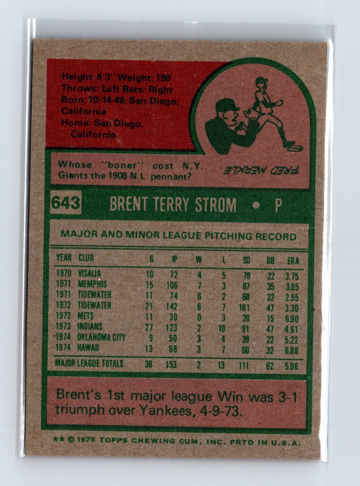 1975 Topps Baseball - SET BREAK - #643 Brent Strom - Image 2