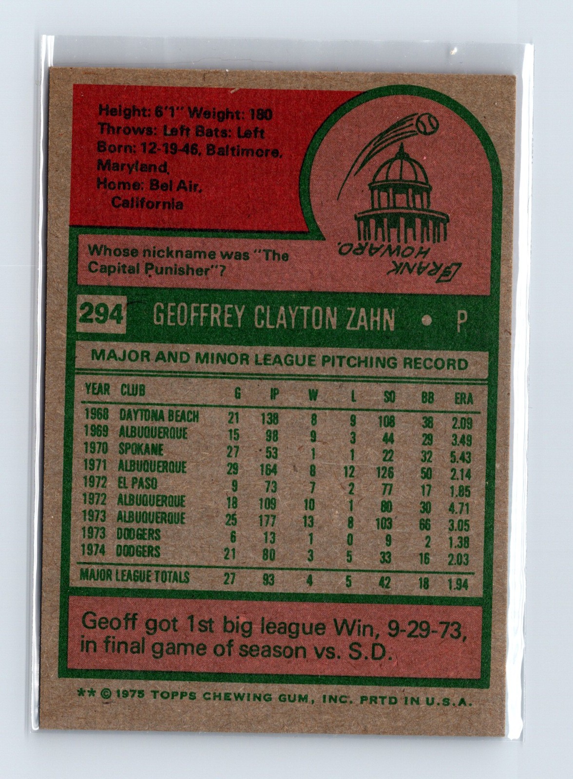 1975 Topps Baseball - SET BREAK - #294 Geoff Zahn (RC) - Image 2