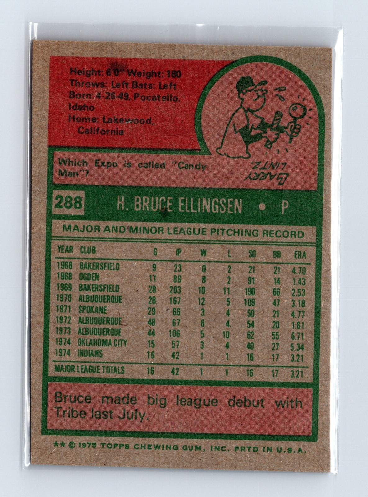 1975 Topps Baseball - SET BREAK - #288 Bruce Ellingsen (RC) - Image 2