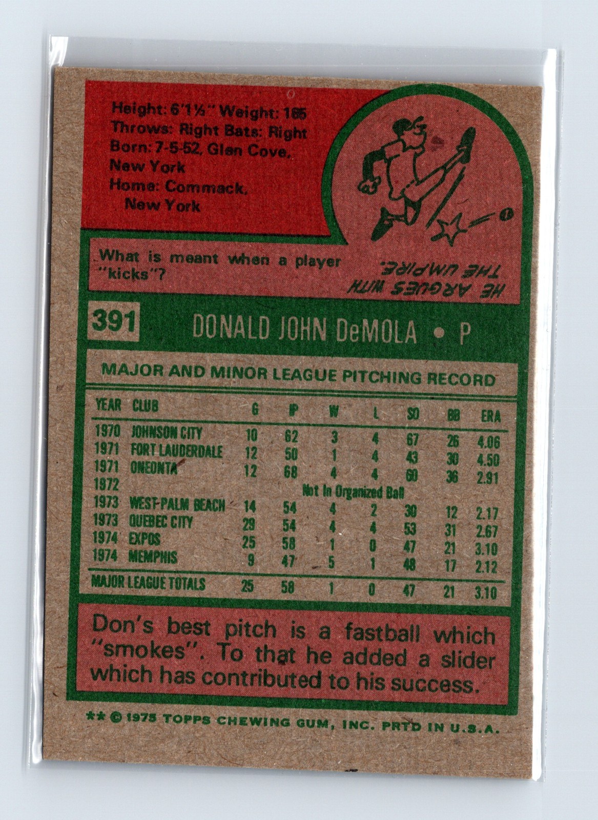 1975 Topps Baseball - SET BREAK - #391 Don DeMola (RC) - Image 2