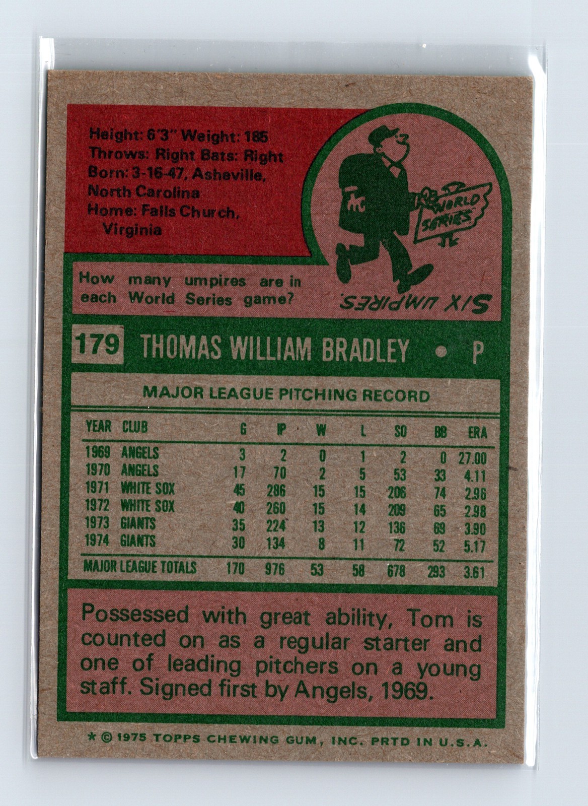1975 Topps Baseball - SET BREAK - #179 Tom Bradley - Image 2
