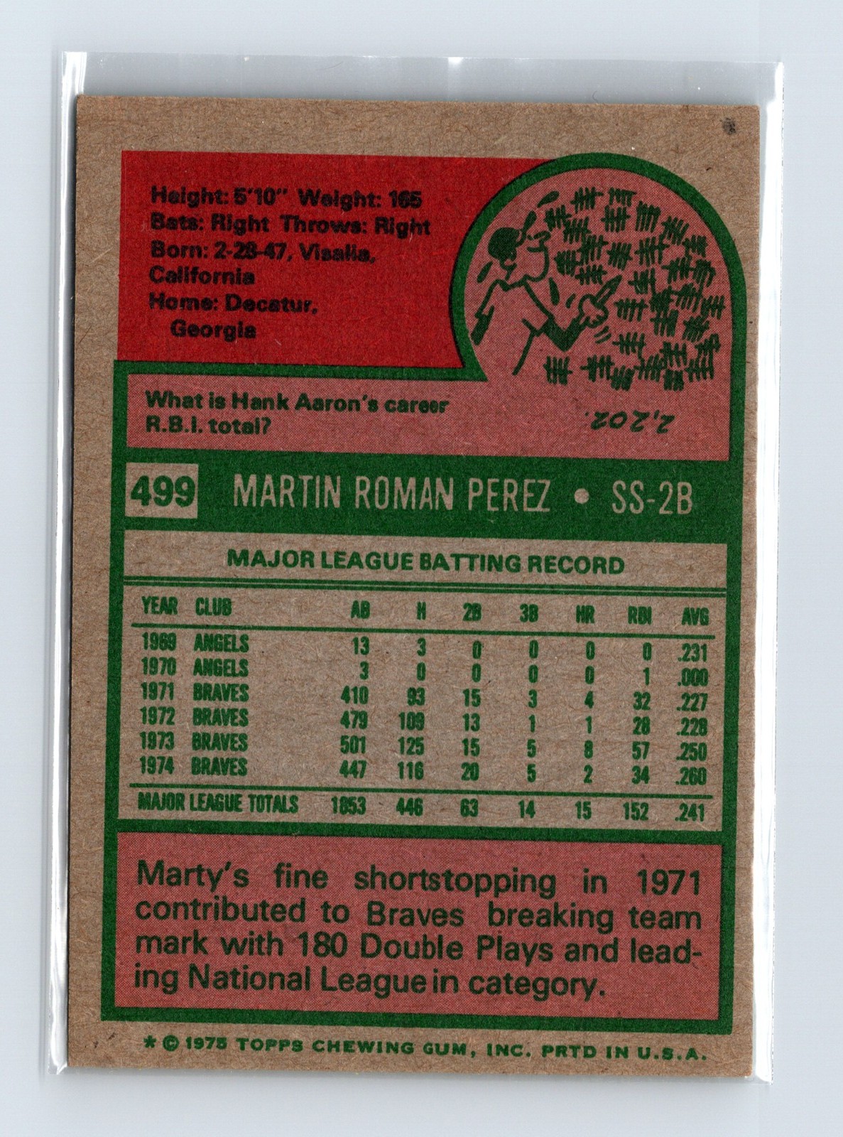 1975 Topps Baseball - SET BREAK - #499 Marty Perez - Image 2