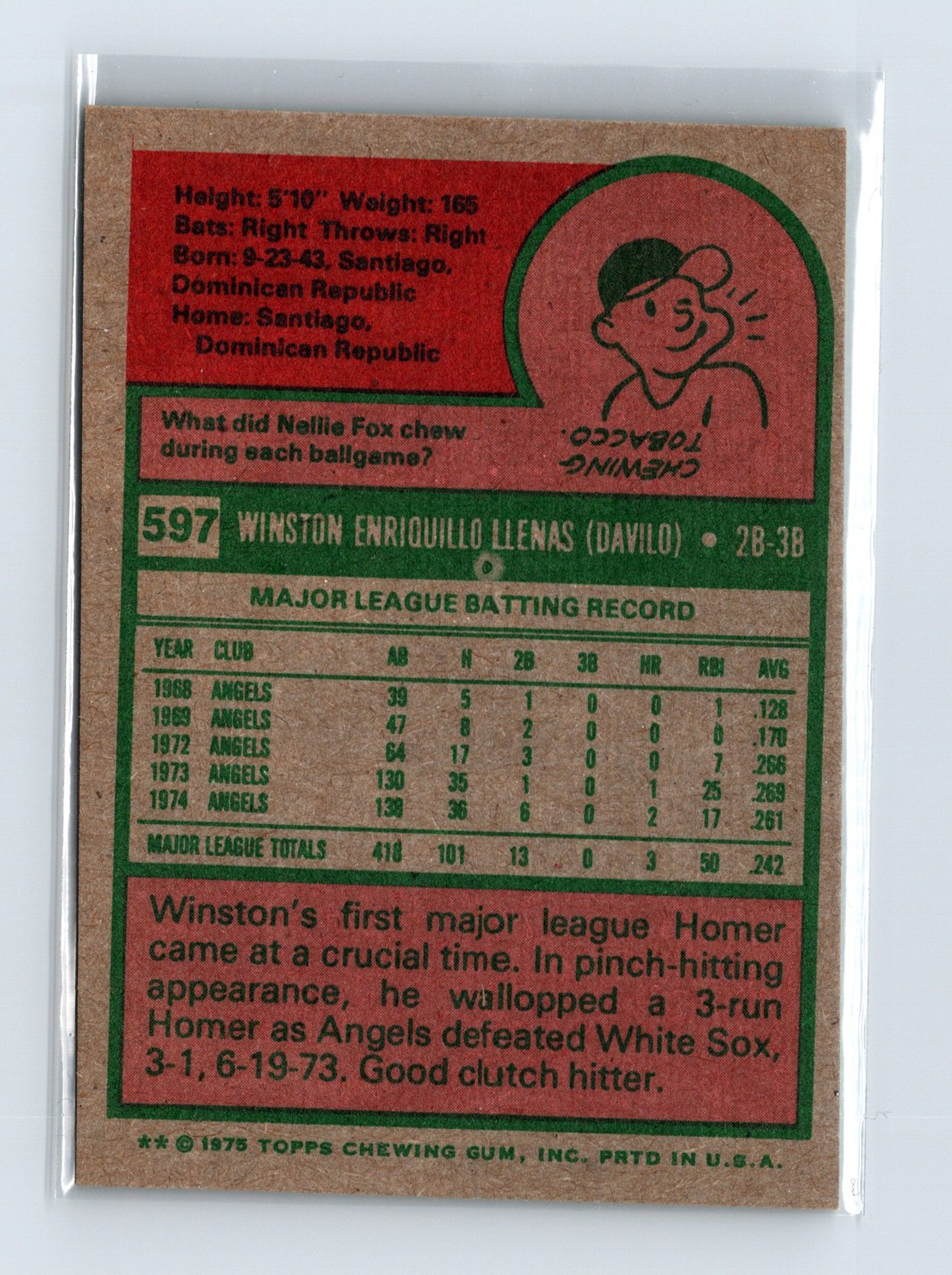 1975 Topps Baseball - SET BREAK - #597 Winston Llenas - Image 2
