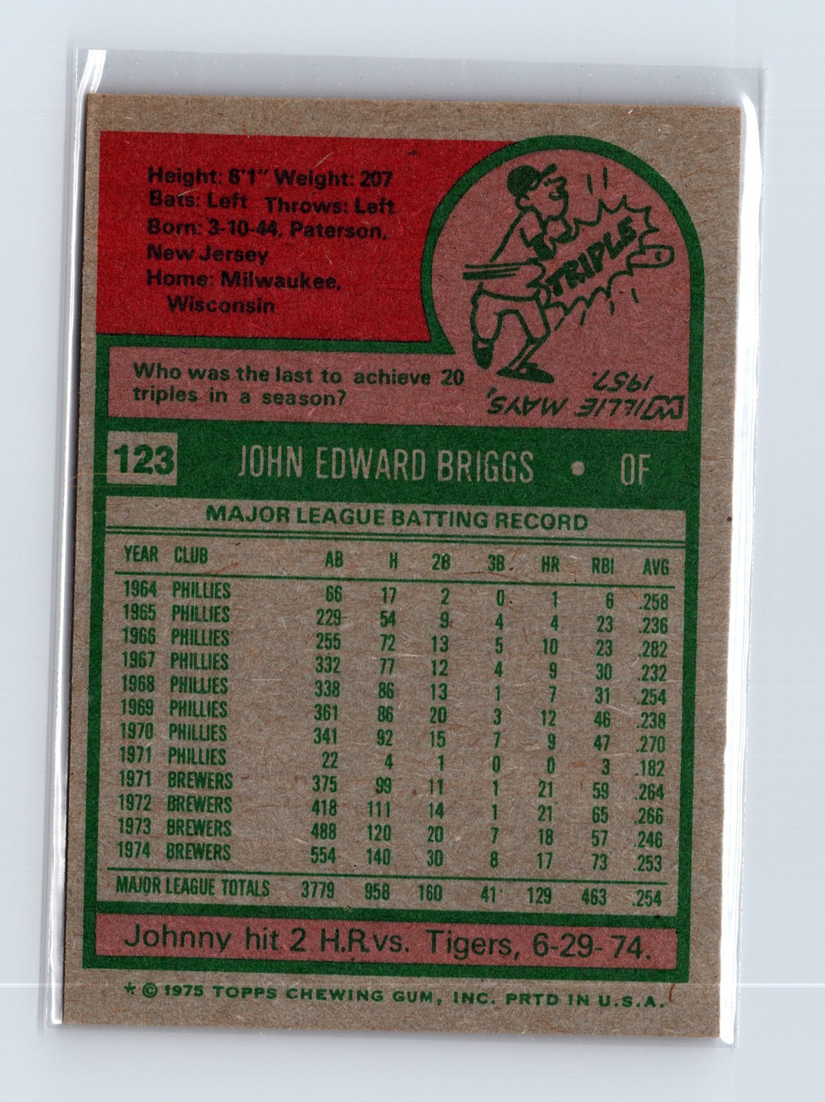1975 Topps Baseball - SET BREAK - #123 Johnny Briggs - Image 2