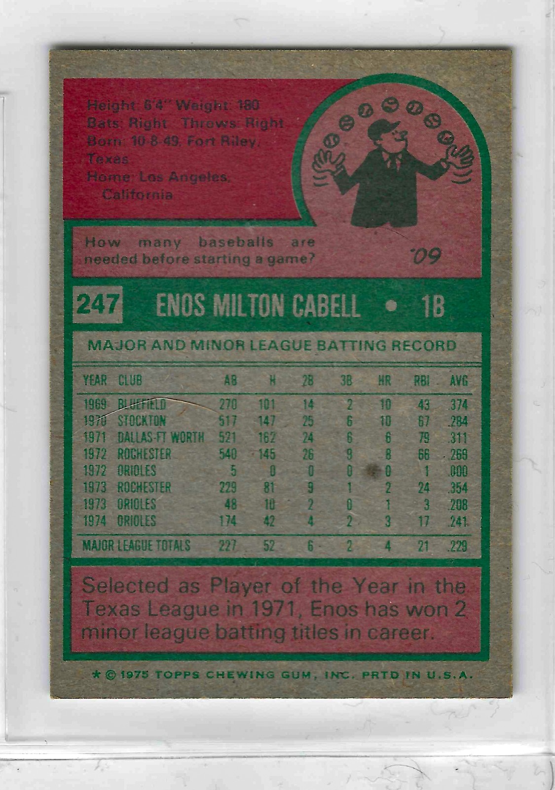 1975 Topps MINI Baseball - SET BREAK - Enos Cabell #247 - Image 2