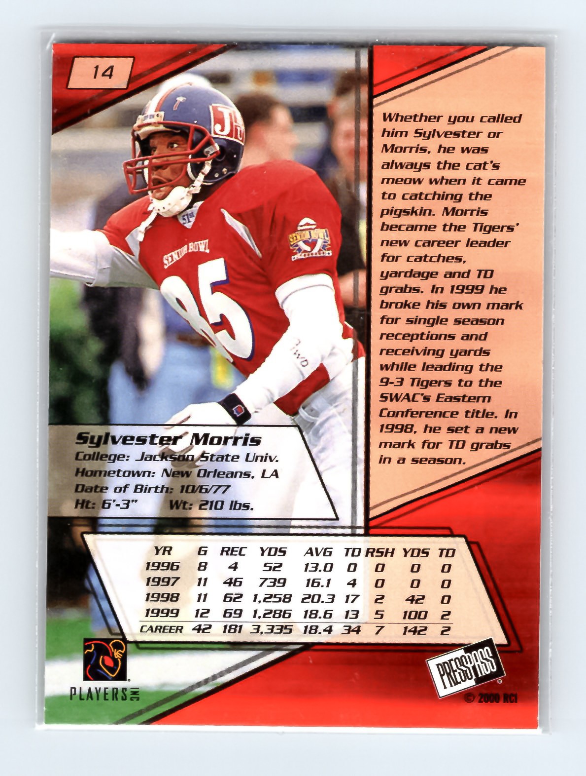 2000 Press Pass #14 Sylvester Morris Gold Zone Football Card - Excellent - Image 2
