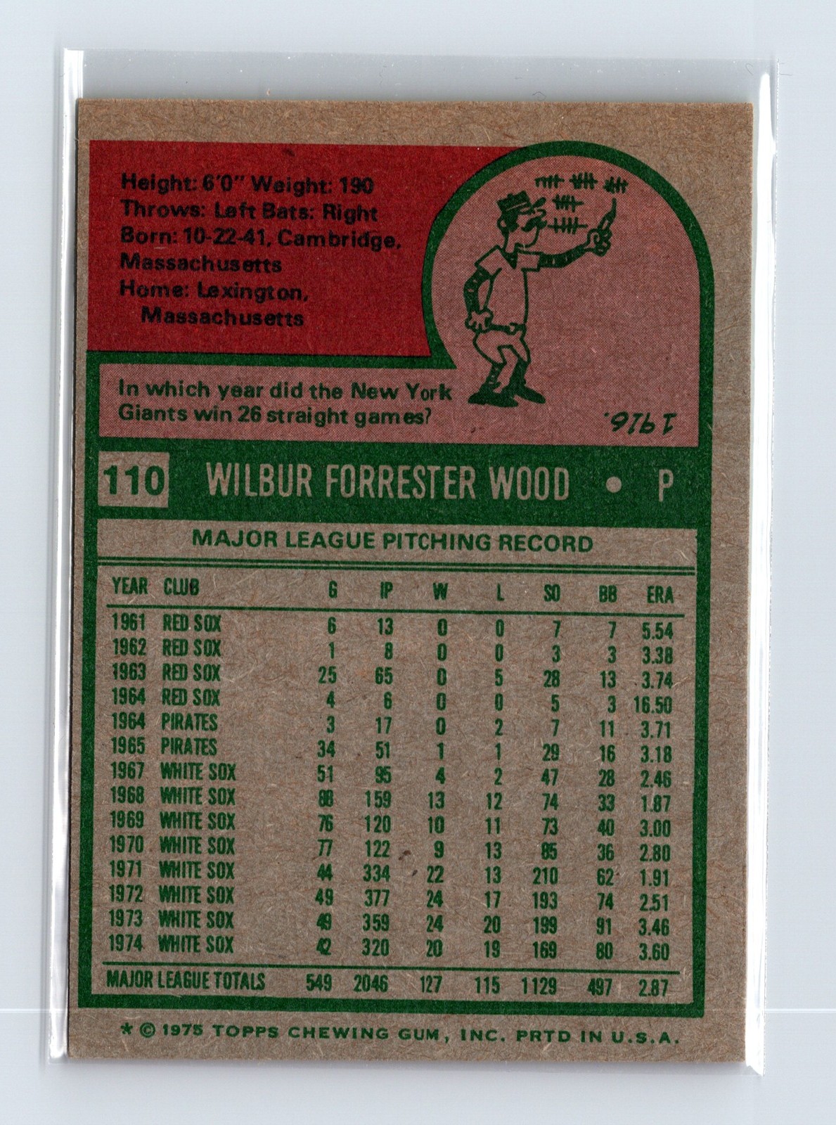 1975 Topps Baseball - SET BREAK - #110 Wilbur Wood - Image 2