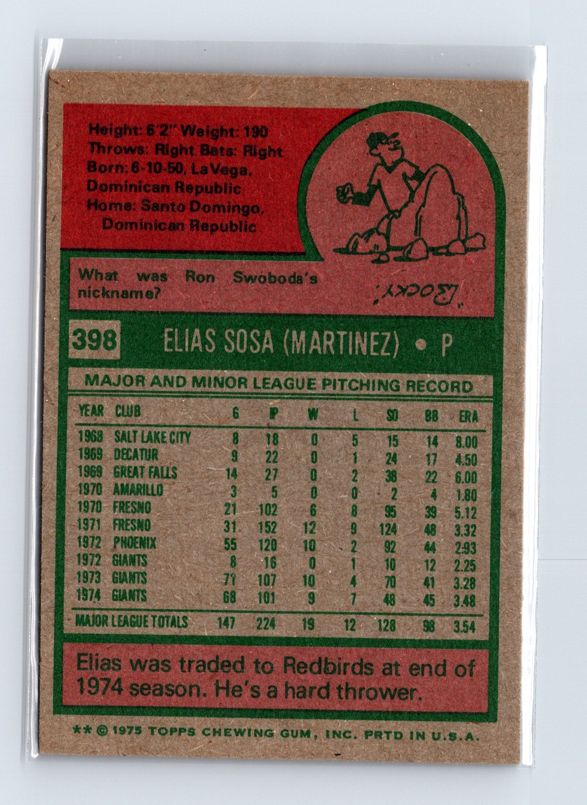 1975 Topps Baseball - SET BREAK - #398 Elias Sosa - Image 2