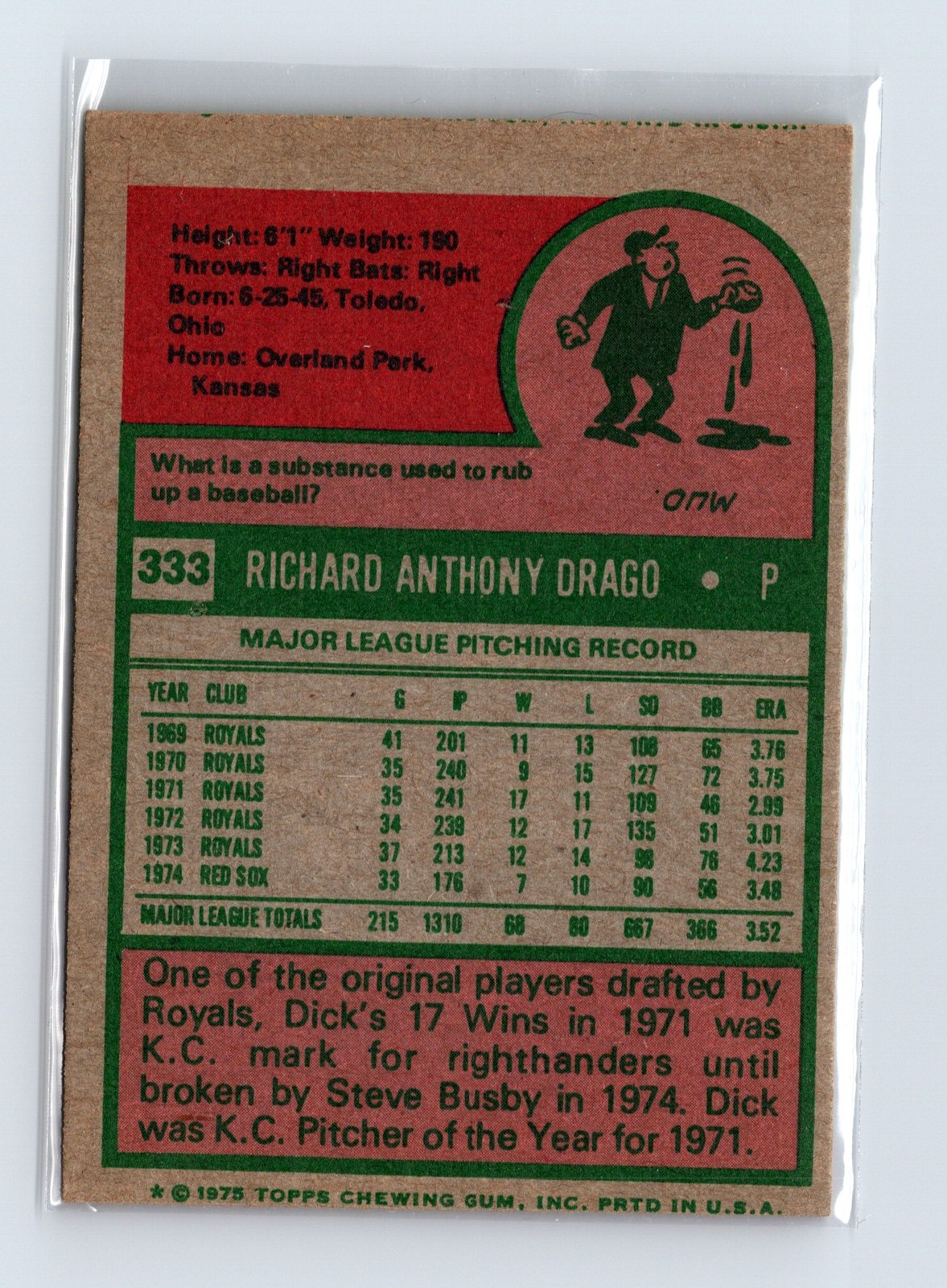 1975 Topps Baseball - SET BREAK - #333 Dick Drago - Image 2