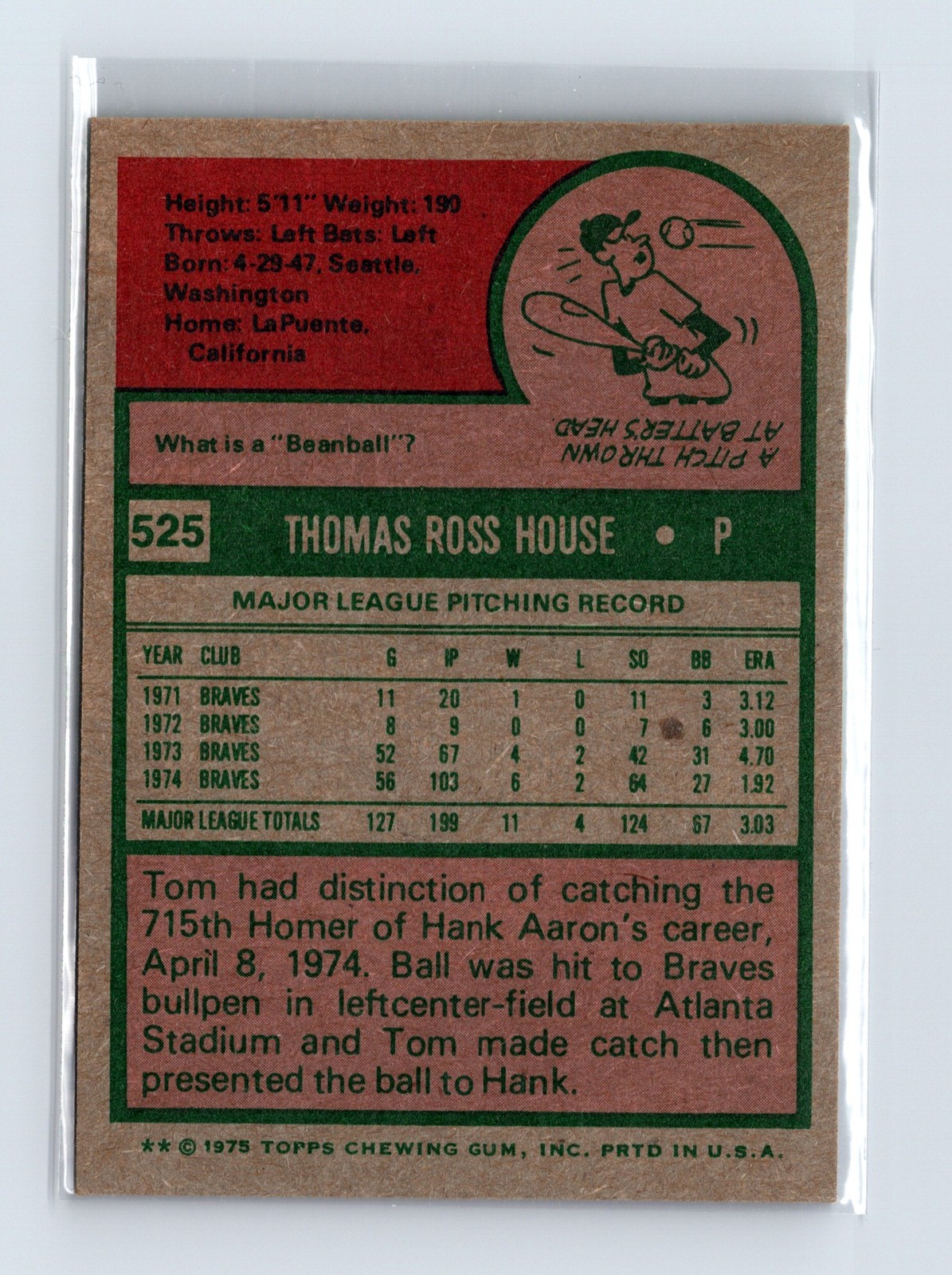 1975 Topps Baseball - SET BREAK - #525 Tom House - Image 2