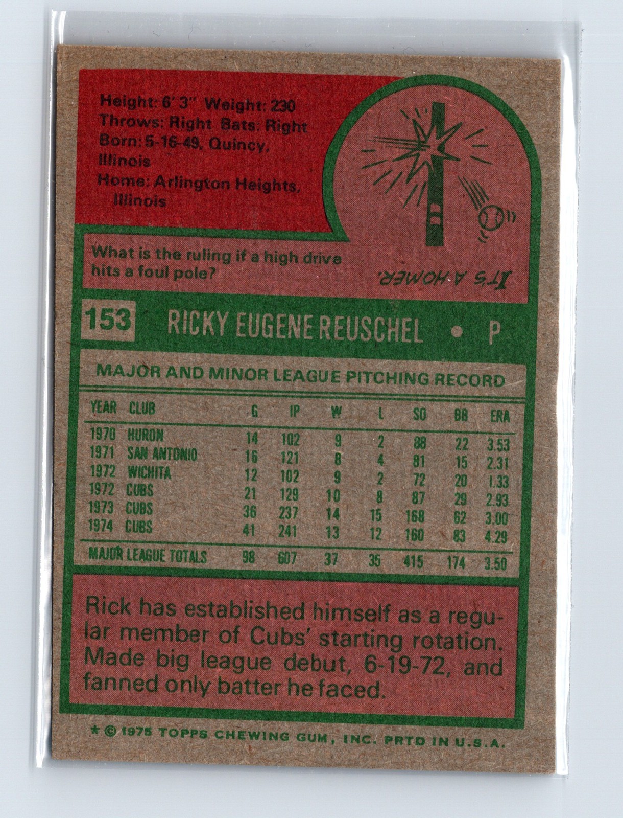 1975 Topps Baseball - SET BREAK - #153 Rick Reuschel - Image 2