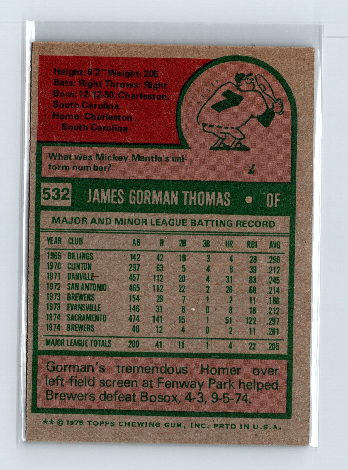 1975 Topps Baseball - SET BREAK - #532 Gorman Thomas - Image 2