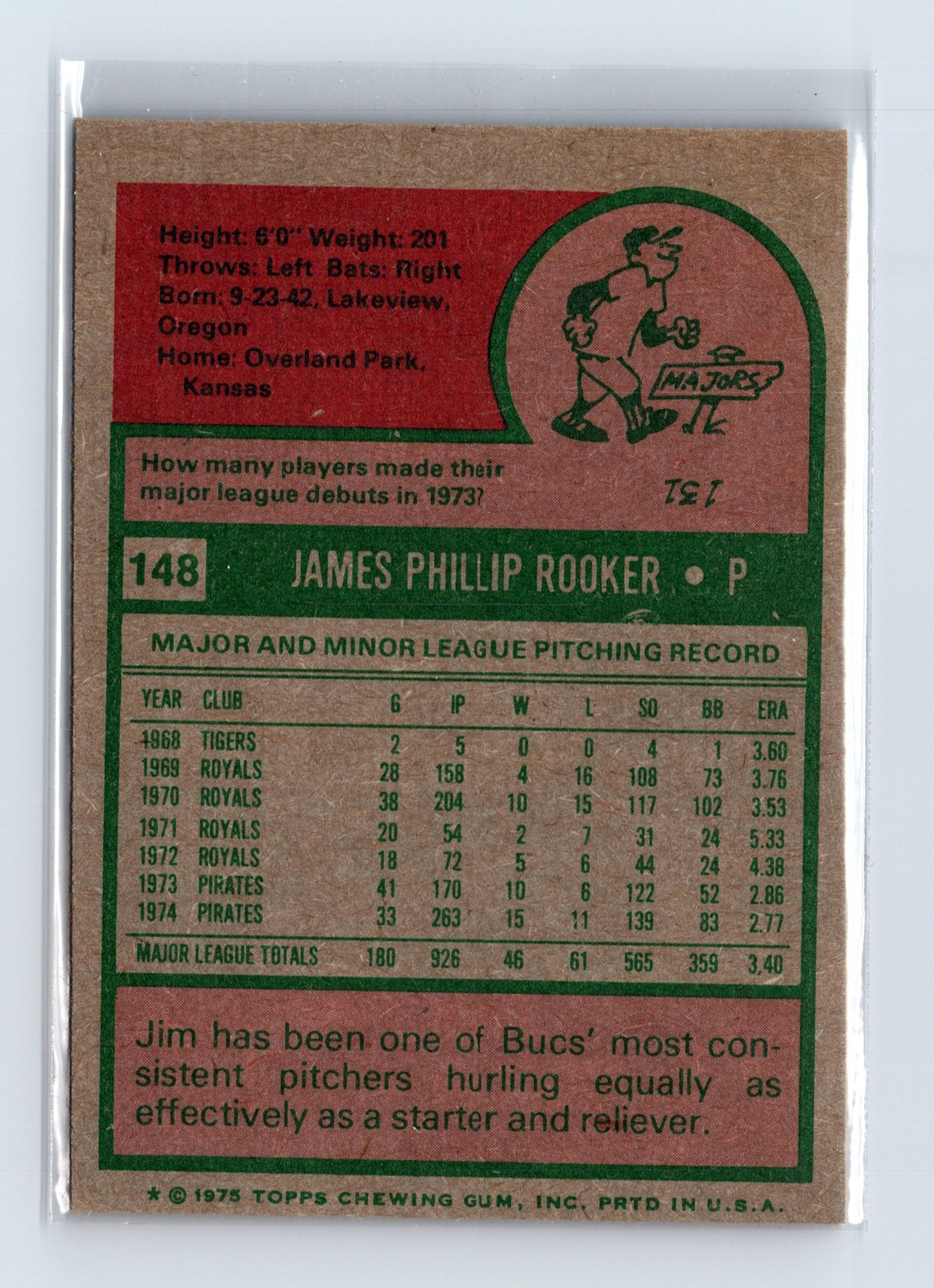 1975 Topps Baseball - SET BREAK - #148 Jim Rooker - Image 2