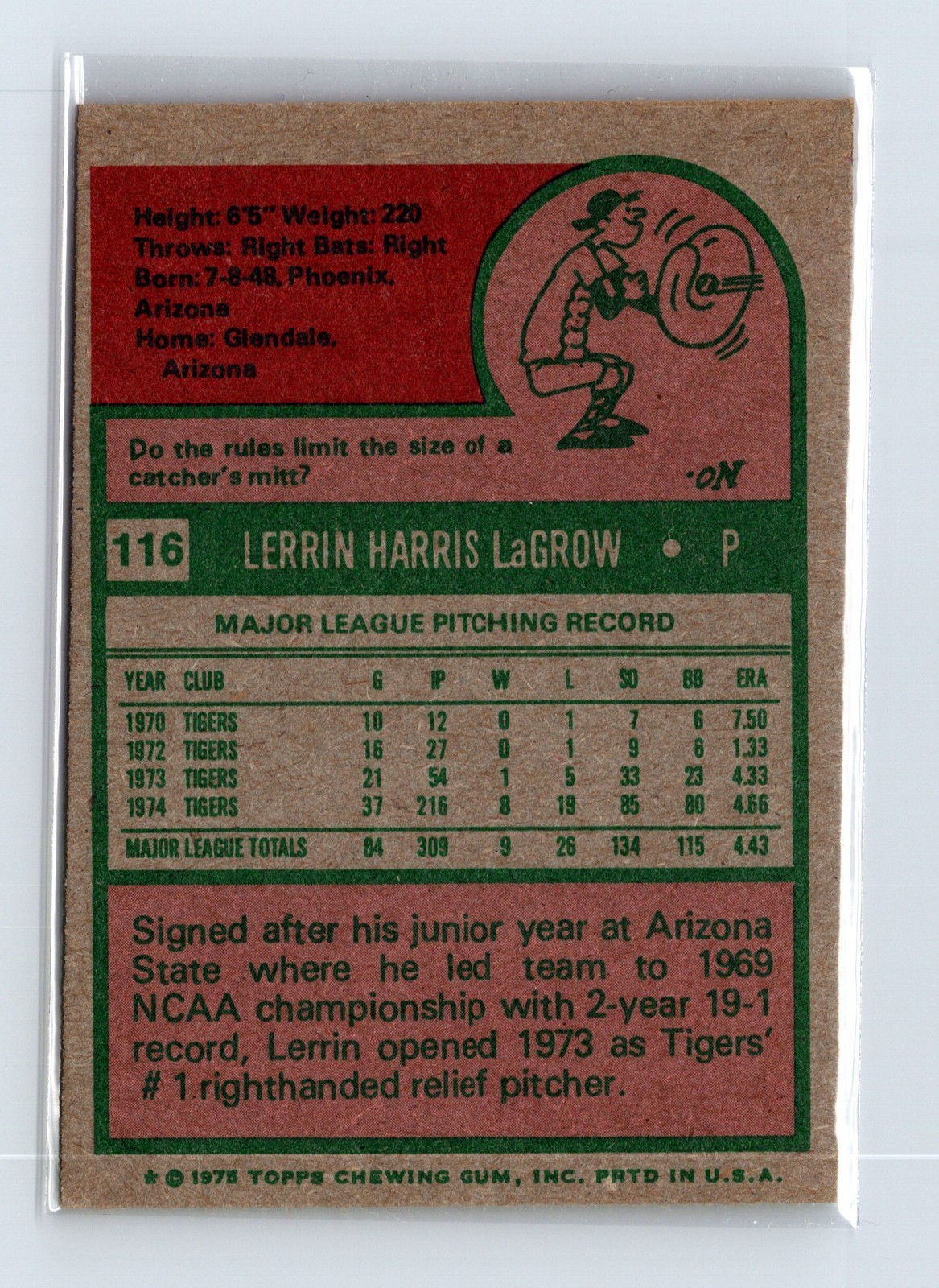 1975 Topps Baseball - SET BREAK - #116 Lerrin LaGrow - Image 2