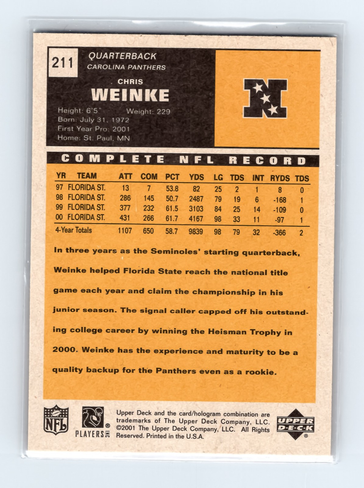 2001 Upper Deck Vintage #211 Chris Weinke Panthers RC - Excellent - Image 2